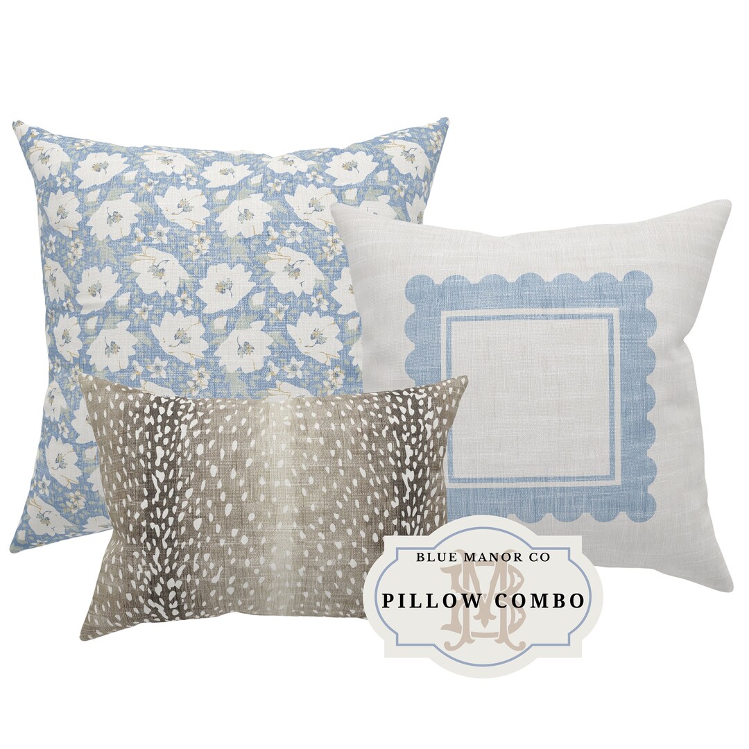 PILLOW COMBO Set of Three Designer Pillows Tan Fawn Print Scalloped