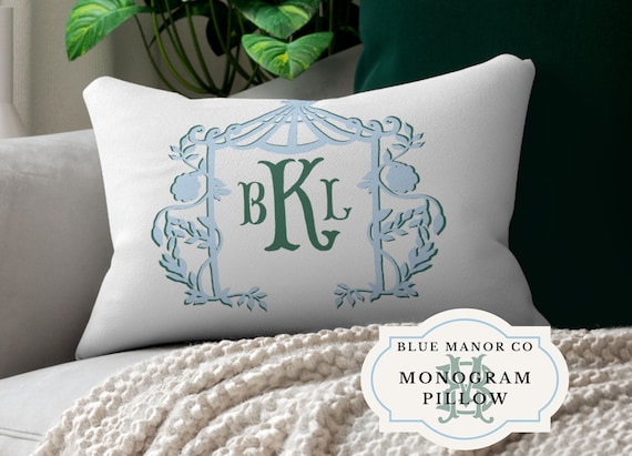 Monogram Pillow WITH Insert| Chinoiserie| Pagoda Frame| Grand Millennial| Hamptons Style| Preppy Decor| White and Blue Coastal Grandmother