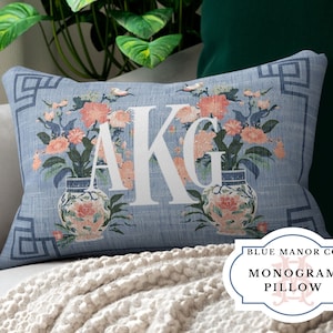 Monogram Pillow with Insert| Chinoiserie Pillow| Floral Grand Millennial| Hamptons Style Decor| Personalized White Blue Coastal Grandmother