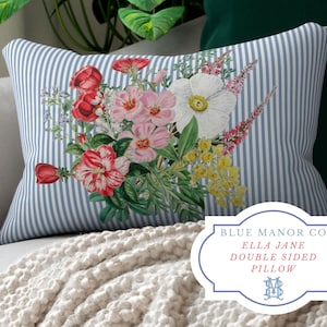 Hamptons Style Pillow with Insert| Chinoiserie Blue Floral| Grand Millennial| White Blue Coastal Grandmother| Floral Pillow Ticking Fabric