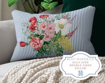 Hamptons Style Pillow with Insert| Chinoiserie Blue Floral| Grand Millennial| White Blue Coastal Grandmother| Floral Pillow Ticking Fabric