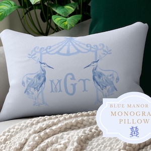 Monogram Pillow with Insert| Chinoiserie Pagoda Frame| Grand Millennial| Hamptons Style Decor| Personalized White Blue Coastal Grandmother