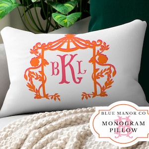 Monogram Pillow WITH Insert| Chinoiserie| Pagoda Frame| Grand Millennial| Hamptons Style| Preppy Decor| Hot Pink Orange Coastal Grandmother
