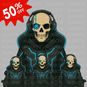 May include: Illustration of a skull wearing headphones and a black hoodie with blue neon accents. The skull has a glowing blue eye and a 50% off sale tag in the upper left corner. The background is gray.