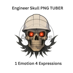 May include: Illustration of a skull wearing a white hard hat, with glowing red eyes. The image is labeled "Engineer Skull PNG TUBER" and "1 Emotion 4 Expressions."