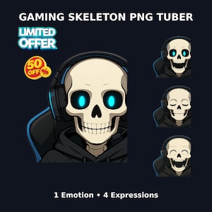 May include: Digital illustration of a gaming skeleton with bright blue eyes, wearing a headset and a black hoodie. The image includes the text "GAMING SKELETON PNG TUBER", "LIMITED OFFER", and "50% OFF". Additional expressions are shown.