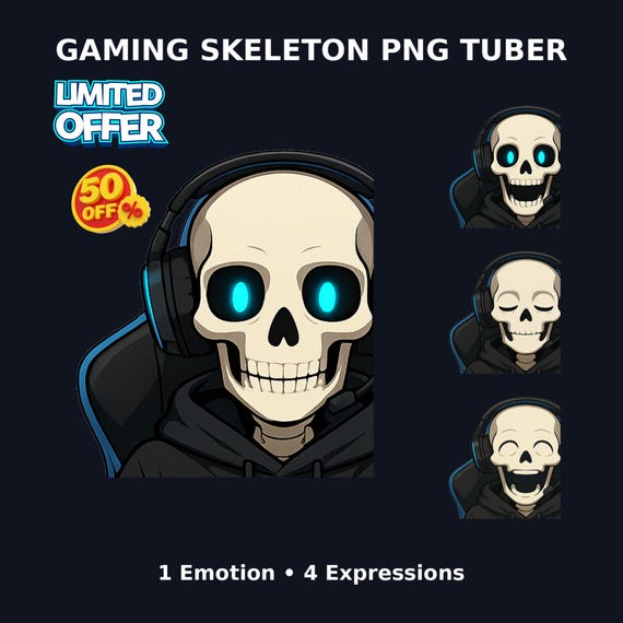 Gaming Skeleton PNGTuber: Spooky Vtuber Avatar (Veadotube Ready) (Digital Download)