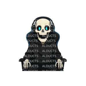 May include: A digital illustration of a skeleton wearing a black hoodie and headphones, seated in a gaming chair. The skeleton has glowing blue eyes and a wide grin. The hoodie and chair are black with blue accents.