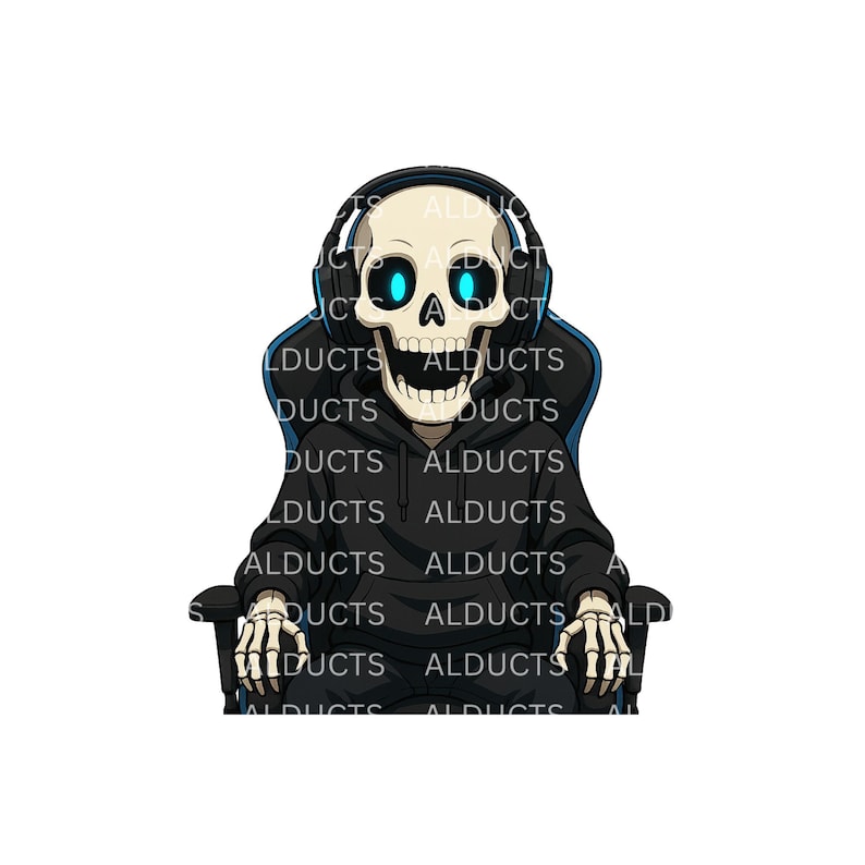 May include: A digital illustration of a skeleton wearing a black hoodie and headphones, seated in a gaming chair. The skeleton has glowing blue eyes and a wide grin. The hoodie and chair are black with blue accents.