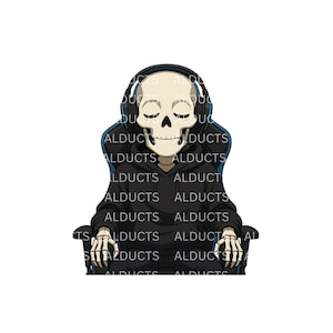 May include: A cartoon illustration of a skeleton wearing headphones and a black hoodie, seated in a gaming chair. The chair and hoodie have the word "ALDUCTS" printed on them. The skeleton has its eyes closed.