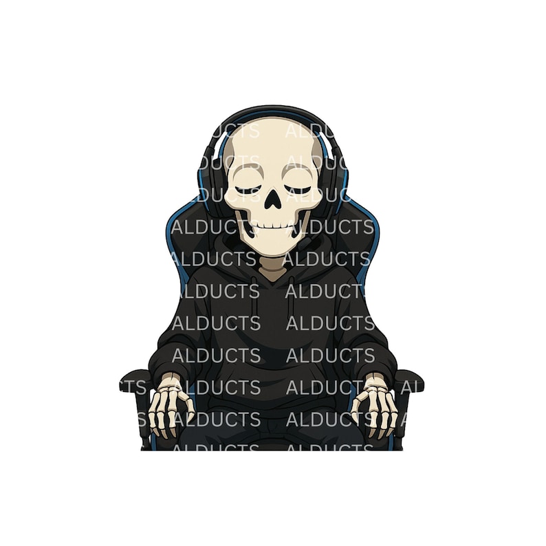 May include: A cartoon illustration of a skeleton wearing headphones and a black hoodie, seated in a gaming chair. The chair and hoodie have the word "ALDUCTS" printed on them. The skeleton has its eyes closed.