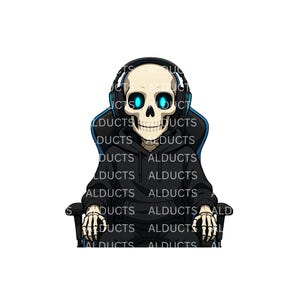 May include: A digital illustration of a skeleton wearing a black hoodie and headphones, seated in a gaming chair. The skeleton has glowing blue eyes and is set against a white background. The hoodie has the word "ALDUCTS" printed on it.