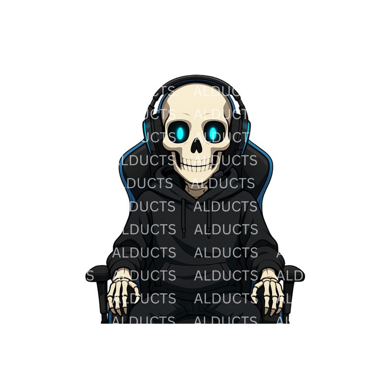 May include: A digital illustration of a skeleton wearing a black hoodie and headphones, seated in a gaming chair. The skeleton has glowing blue eyes and is set against a white background. The hoodie has the word "ALDUCTS" printed on it.