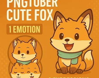 Puede incluir: Ilustración de dibujos animados de un zorro lindo con pelaje naranja, usando una bufanda verde. La imagen incluye el texto "PNGTUBER CUTE FOX" y "1 EMOTION" y "4 EXPRESSIONS". El zorro tiene una expresión feliz.