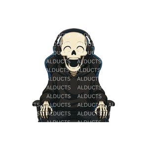 May include: A cartoon skeleton wearing a black hoodie and headphones, seated in a gaming chair. The skeleton is smiling with its mouth open. The word "ALDUCTS" is printed on the hoodie and chair.