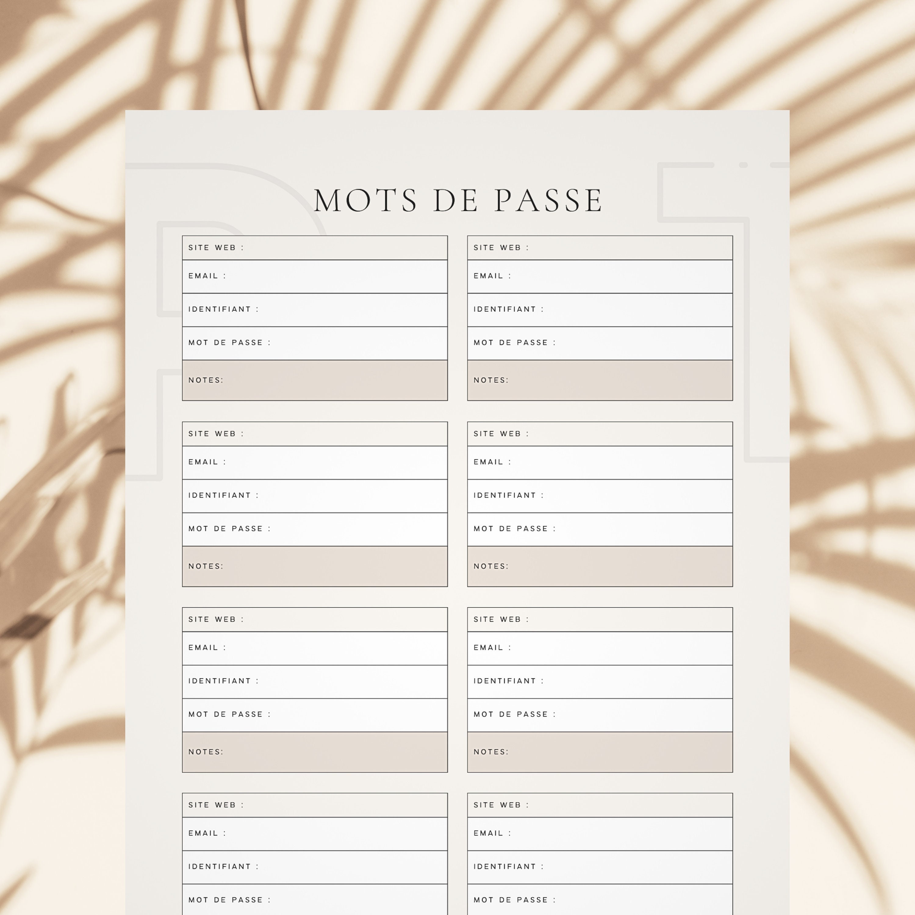 Mémo mots de passe à imprimer, en français, pour vous souvenir de vos mots de passe PDF à
