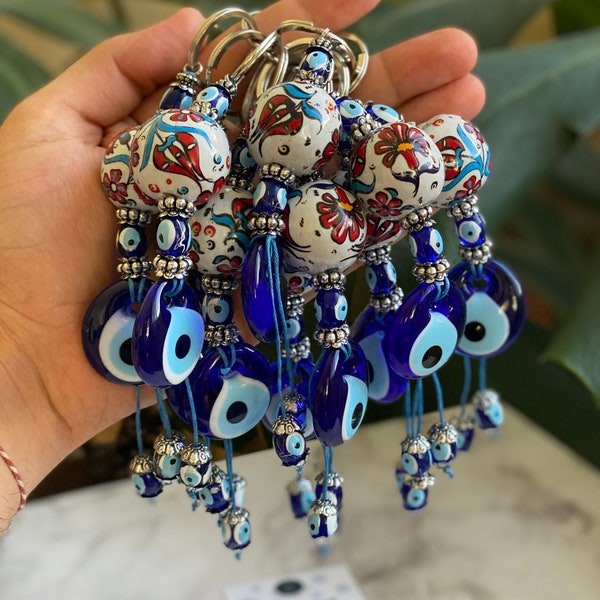 Handmade Ceramic Keychain, Party Favors, Evil Eye Bag Charm, Protection Keychain, Car Ornament,  Lucky Evil Eye Keychain, Evil Eye Key Ring