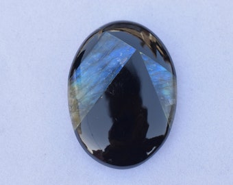 Get Natural Blue Fire Labradorite Black Tourmaline Heart Gemstone, Oval Doublet Gemstone, Use For All Type Jewelry Making, Birth Stone.