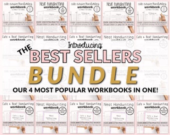 Może przedstawiać: Zestaw zeszytów do pisania ręcznego z napisem "The Best Sellers Bundle" w złotych literach. Zeszyty są białe z różowym i czarnym tekstem i zawierają frazy "Cute & Neat Handwriting" i "Over 1200 Extra Practice Words!"