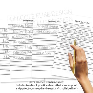 May include: Printable handwriting practice sheets with lined paper and cursive writing examples for days of the week, months of the year, and common phrases like "the quick brown fox" and "over a lazy dog".
