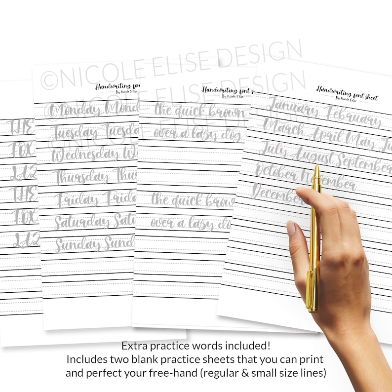 May include: Printable handwriting practice sheets with lined paper and cursive writing examples for days of the week, months of the year, and common phrases like "the quick brown fox" and "over a lazy dog".