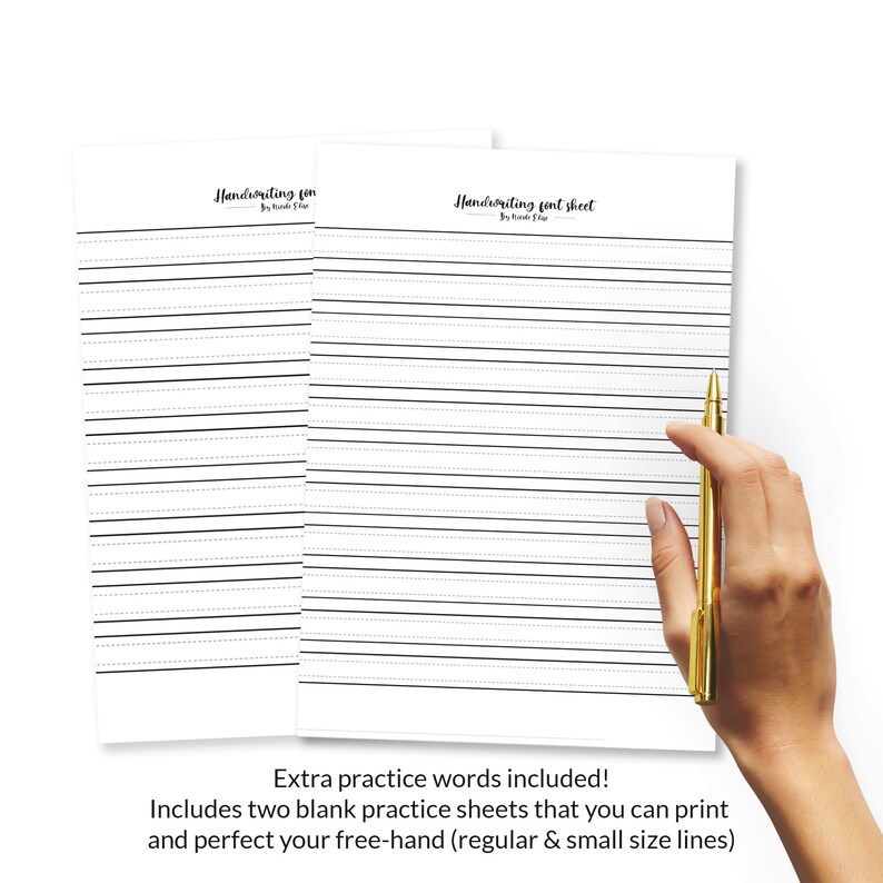 May include: Two blank handwriting practice sheets with dotted lines. The sheets are printed with the text "Handwriting font sheet" and "Handwriting fun".