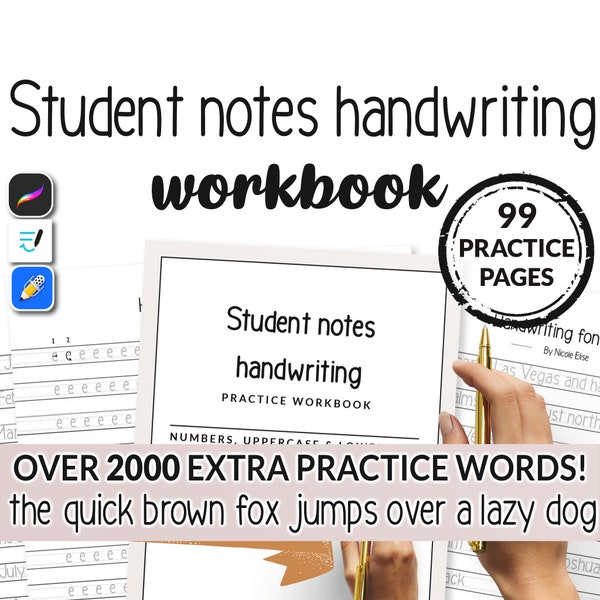 99 Page Student Notes Hand Writing Practice Workbook Sheet Printable Guide Beginner Student Help Easy Alphabet Template Lettering Typography