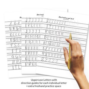 May include: A printable handwriting practice sheet with uppercase letters, each letter has a guide for direction and there is extra space for freehand practice. The sheet is printed on white paper and has gray lines.