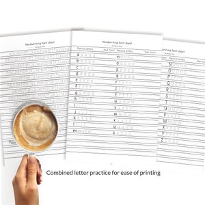 May include: Three handwriting practice sheets with lined paper for practicing the alphabet. The sheets are titled "Handwriting font sheet" and "Writing font sheet". The sheets are printed in black and white.