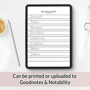 May include: A digital handwriting font sheet with the words "Struggle", "Tinker", "Upwards", "Vindictive", "Worsening", "Xylophone", "Yellow", and "Zipper" written in cursive. The sheet is designed to be printed or uploaded to Goodnotes and Notability.