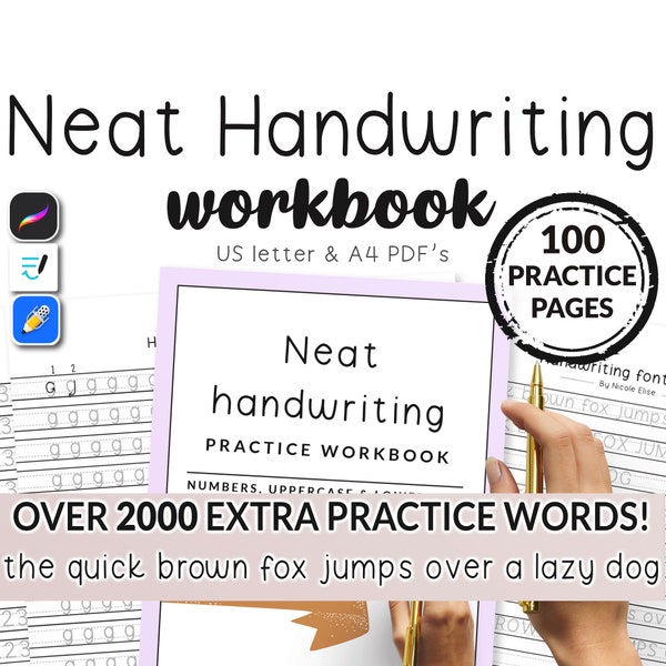 100 Page Neat Hand Writing Workbook | Practice Sheet Guide | Printable iPad Template Worksheets for Goodnotes Notability | Adults Kids Teens