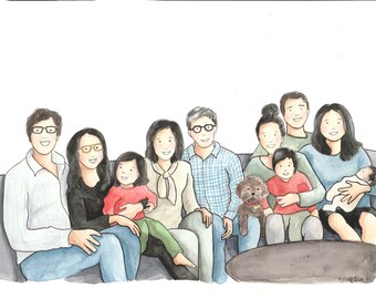 Custom Watercolour Family Portrait Art | Illustration Gift from Photo | Personalised Cartoon Drawing Physical Painting