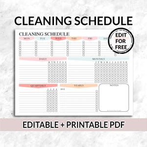 Op de afbeelding: Een afdrukbare schoonmaakschema-checklist met secties voor dagelijkse, wekelijkse, maandelijkse, driemaandelijkse en jaarlijkse taken. De checklist bevat vakjes om taken af te vinken en een notitiegedeelte.