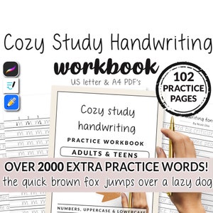 102 Page Cozy Study Hand Writing Practice Workbook Sheet Printable Upper Lowercase iPad Beginner Student Practice Easy Alphabet Lettering