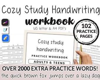 102 pagina&#39;s Gezellige studie Handschriftoefening Werkmapblad Afdrukbaar Hoofdletters iPad Beginnersstudent Oefen Gemakkelijk alfabetbelettering