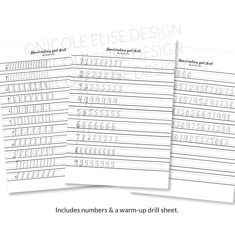 May include: Three printable handwriting practice sheets with lined paper. The first sheet has a warm-up drill with lines of the letter "l". The second sheet has numbers 1 through 9 written in cursive. The third sheet has numbers 0 through 9 written in cursive.