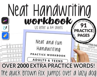 91 pagina's Nette en leuke handschriftwerkmap | Oefenblad Afdrukbare iPad Beginner Gemakkelijke sjabloonbelettering | Goodnotes Opmerkelijkheid Handschrift