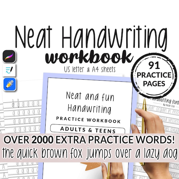 Libro de trabajo de escritura a mano, 91 páginas, ordenado y divertido, hoja de práctica, iPad imprimible, principiante, plantilla fácil, letras, Goodnotes, notabilidad, caligrafía