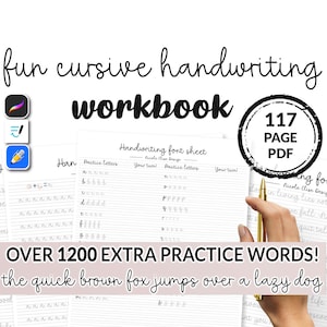 117 pagina's leuke cursieve nette handschriftwerkmap | Oefenbladgids Afdrukbare iPad-sjabloon Werkbladen Goodnotes Notability Volwassenen Tieners