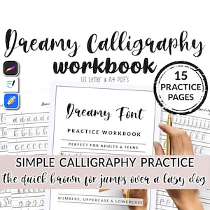 15 Page Dreamy Calligraphy Hand Writing Workbook  PDF Practice Sheet Printable iPad Easy Template Lettering | Goodnotes Notability Procreate