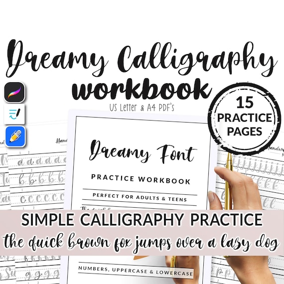 15 Page Dreamy Calligraphy Hand Writing Workbook  PDF Practice Sheet Printable iPad Easy Template Lettering | Goodnotes Notability Procreate