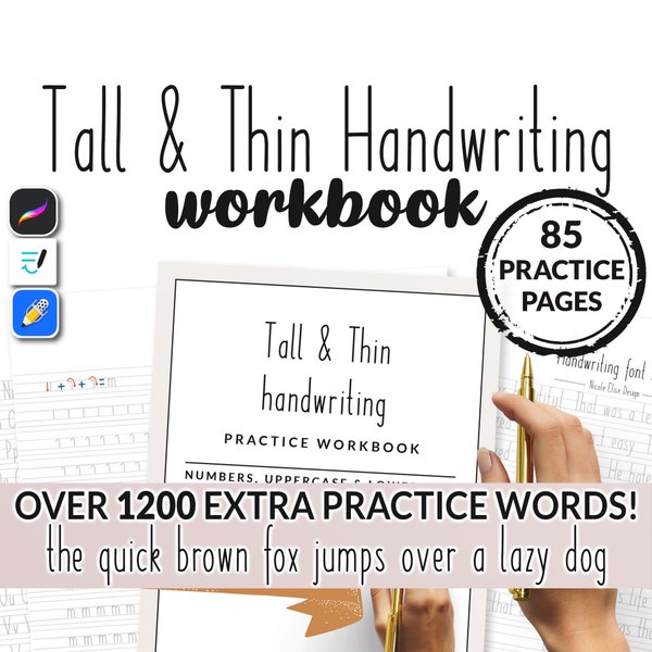 85 Page Tall & Thin Workbook Sheets Printable Alphabet iPad Beginner Student Writing Practice Easy Alphabet Template Lettering Book PDF