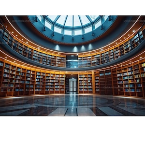 Könnte beinhalten: Eine runde Bibliothek mit einer Glaskuppel und Holzregalen, die mit Büchern gefüllt sind. Die Regale sind kreisförmig um den Raum angeordnet und erzeugen ein Gefühl von Größe und Wissen.