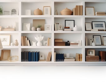 Zoom background bookshelf | white bookshelf with books and souvenirs | Suitable for Zoom, Google Meet, Microsoft Teams | wall of books