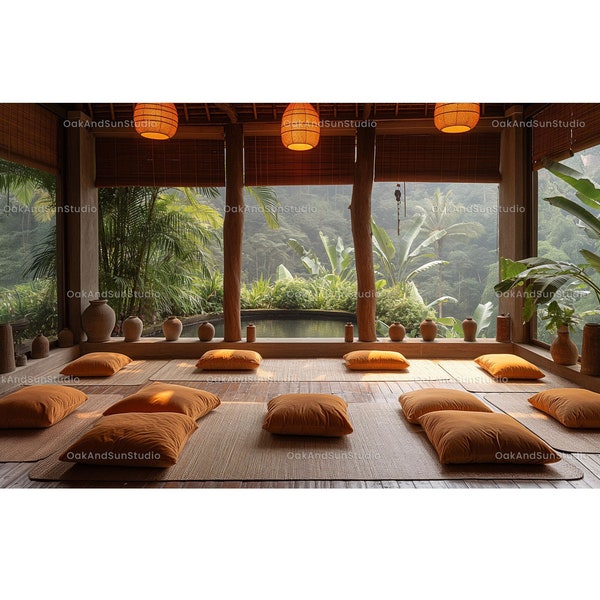 Realistic virtual background of the meditation room with big windows | Zoom, Google Meet, Microsoft team | Yoga Studio Background