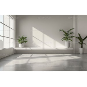 Può includere: Un interno luminoso e minimalista con ampie finestre e luce solare. Tre piante in vaso sono su una mensola bianca, con una vista della città visibile attraverso la finestra. Il pavimento è grigio chiaro.