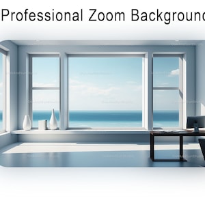 May include: A white room with large windows overlooking a blue ocean. A desk with a laptop and a lamp is in the foreground. The room is decorated with white vases and a book.