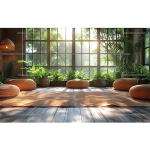 May include: A room with large windows overlooking a lush green forest. The room is decorated with a woven light fixture and several brown meditation cushions on a woven rug. The floor is made of wood planks.