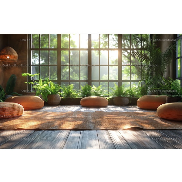 Realistic virtual background of the meditation room with fern and palm plants | Zoom, Google Meet, Microsoft Teams | Yoga Studio Background