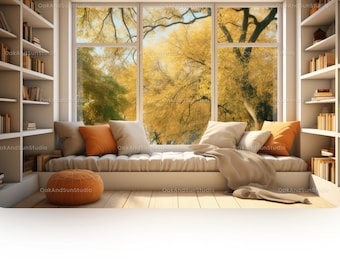Realistic virtual background of reading corner with bookcase in autumn atmosphere | Suitable for Zoom, Google Meet | Cozy zoom background